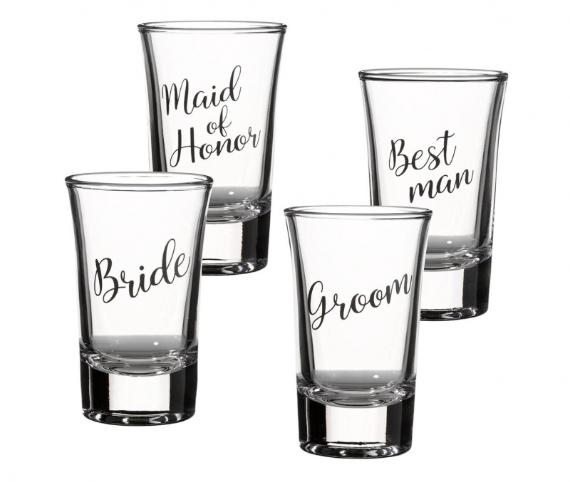 Wedding Party Shot Glass Set ~ Bride, Groom, Maid of Honor & Best Man