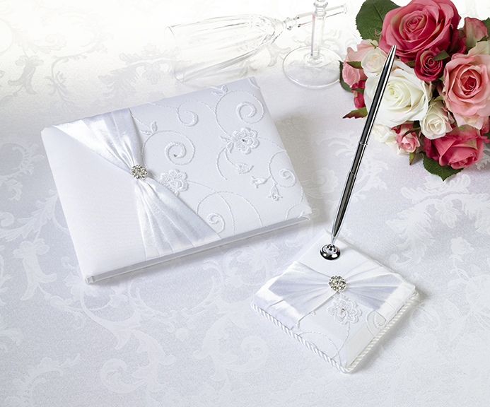 White Lace Wedding Guest Book & Pen Set