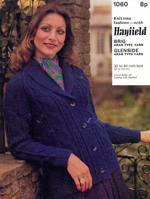 Vintage Hayfield Knitting Pattern No. 1060 - Ladies Aran Jacket with Roll Collar