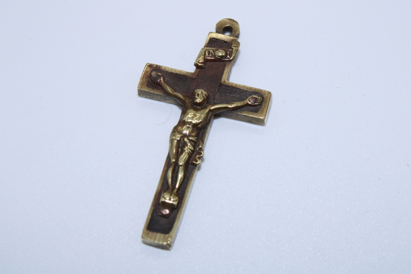 Vintage Brass Crucifix Pendant with Wood Inlay