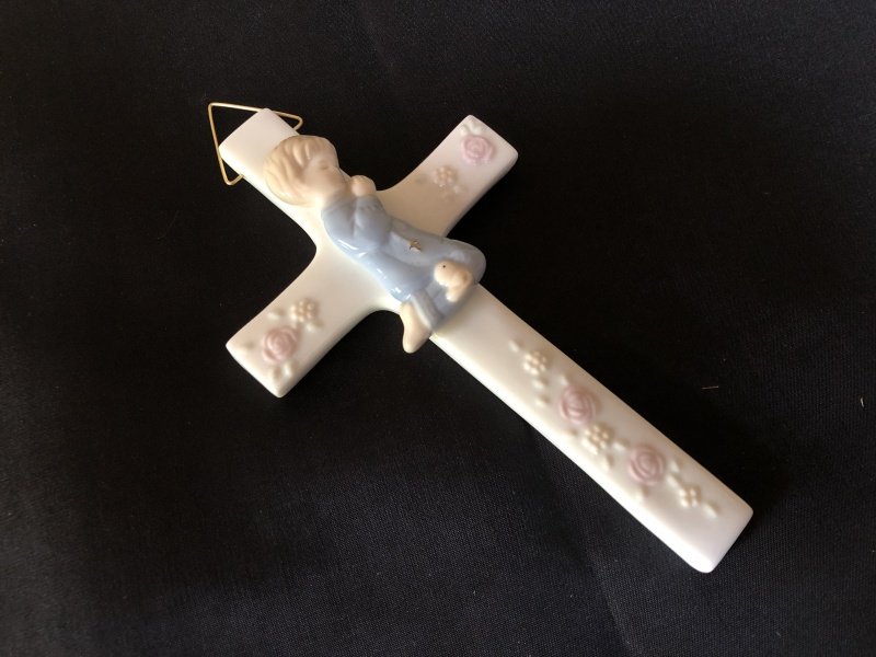 Russ First Holy Communion Porcelain Cross, Boy Kneeling in Prayer