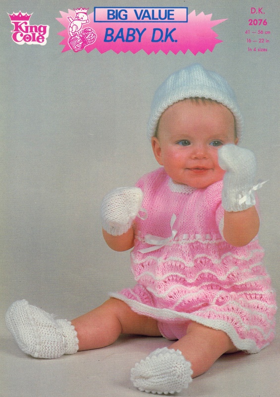 Vintage King Cole Knitting Pattern 2076: Babies Dress, Hat, Mittens & Bootees