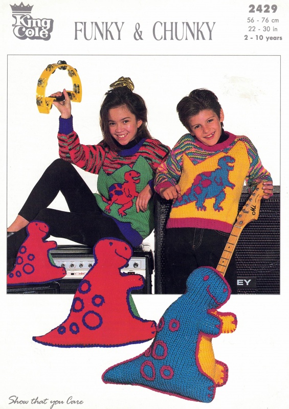 Vintage King Cole Knitting Pattern 2429: Tyrannosaurus Rex Sweater & Toy