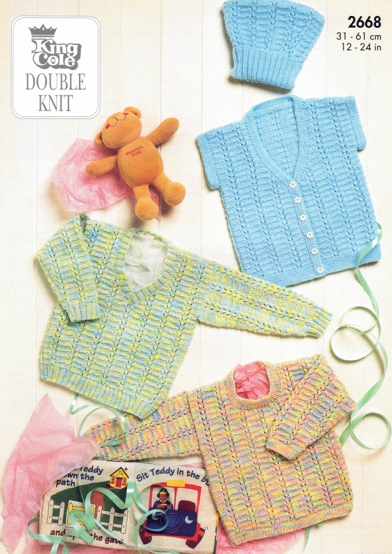 Vintage King Cole Knitting Pattern 2668: Baby Sweaters & Waistcoat