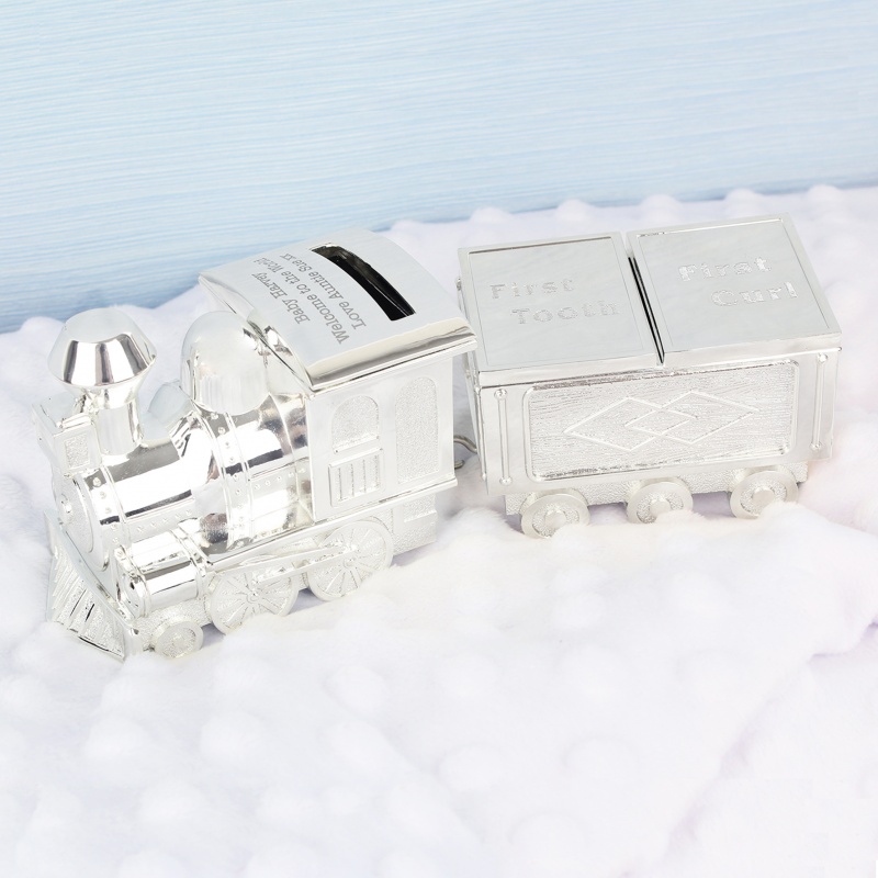 Personalised Silver Plated Train Money Box with Tooth & Curl Trinket Box