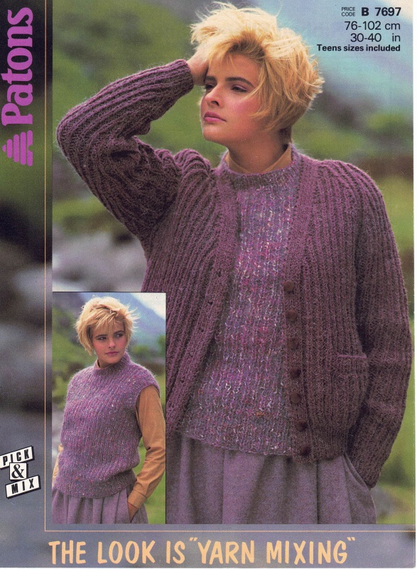 Vintage Patons Knitting Pattern 7697: Ribbed Slipover & Cardigan