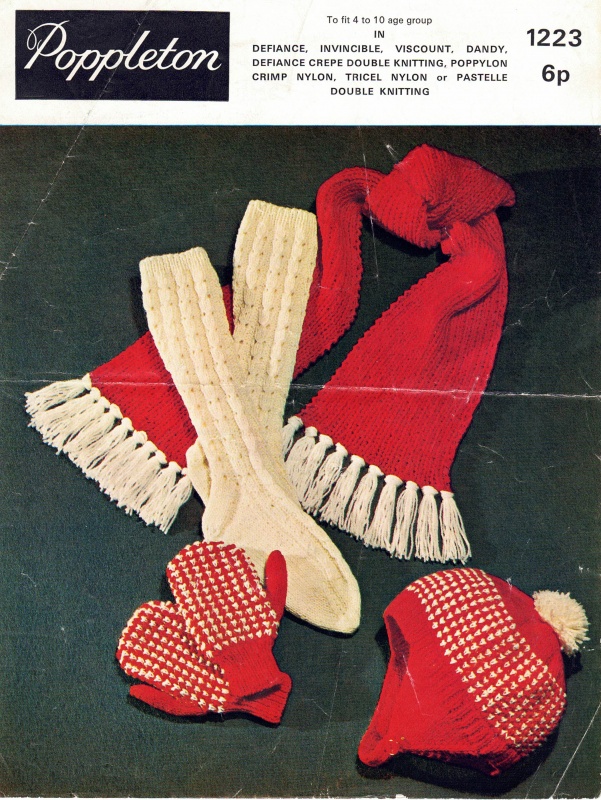 Vintage Poppleton Knitting Pattern 1223 - Childrens Mitts, Helmet, Scarf & Socks