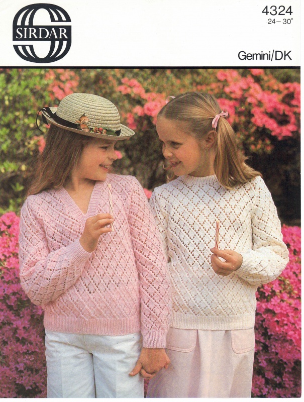 Vintage Sirdar Knitting Pattern No 4324: Girls Round & V-Neck Sweaters