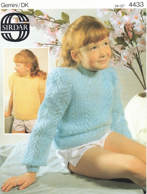 Vintage Sirdar Knitting Pattern No 4433: Girls Long & Short Sleeved Sweaters