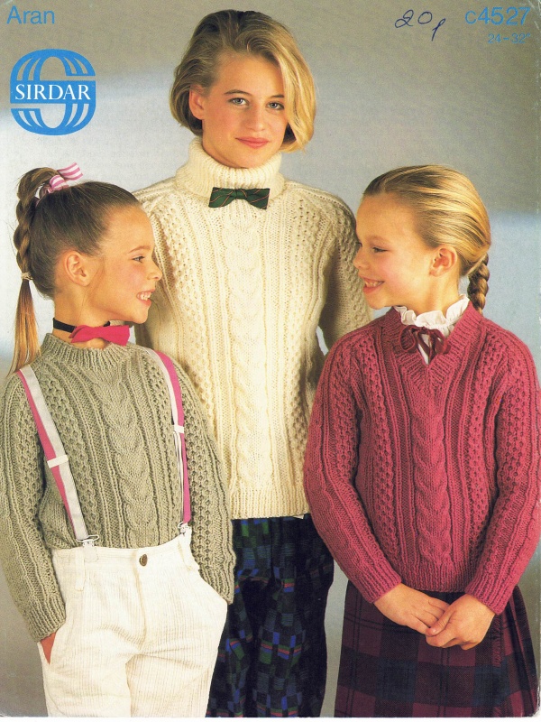 Vintage Sirdar Knitting Pattern 4527: Child's Round, Polo & V-Neck Aran Sweaters