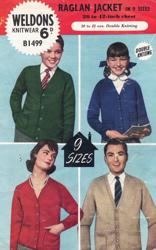 Vintage Weldons Knitting Pattern No B1499: Family Raglan Jackets