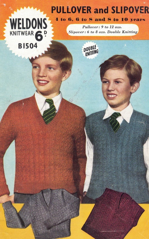 Vintage Weldons Knitting Pattern No B1504: Boys V-Neck Pullover & Slipover