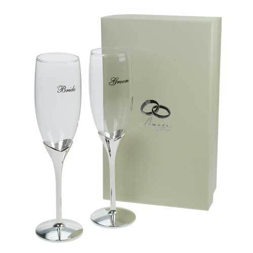 Amore Silver Plated Bride & Groom Champagne Toasting Flutes