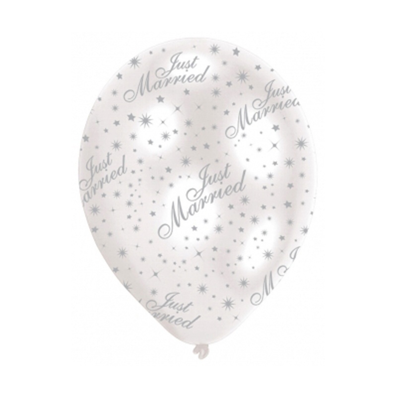 Pearl White & Silver Text Just Married Balloons ~ Pack of 6