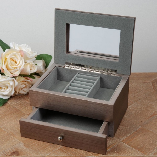 Sophia Brushed Pewter Effect Wooden Jewellery Box with Drawer